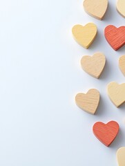 Colorful wooden hearts on white background flat lay photography