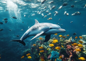 Fototapeta premium Imagine a graceful dolphin gliding effortlessly through the crystal-clear waters of a vibrant coral reef