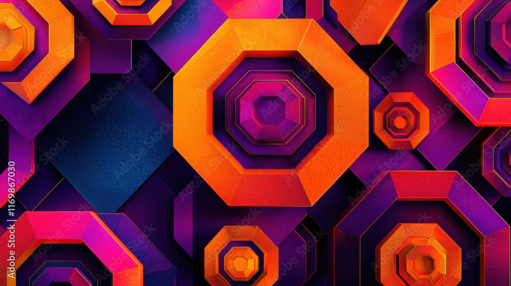 Poster dynamic overlapping hexagons with geometric patterns in vibrant colors