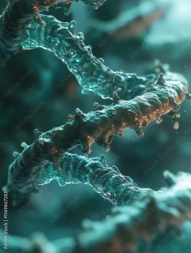 Poster microscopic view of a coral's growth pattern and intricate cellular structures. beautiful, blue-tone