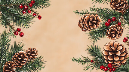 Christmas background with pine cones and berries on kraft paper. Evergreen. Illustration
