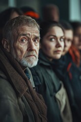 Fototapeta premium Old man with beard and coat, looking down in line with crowd