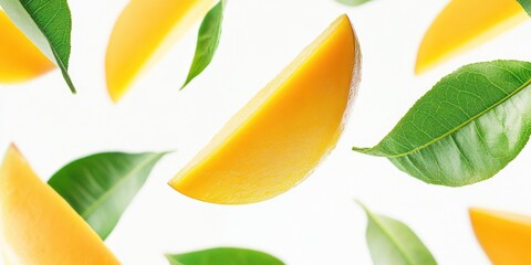Sweet, juicy mango wedges with vibrant green leaves against a white background.