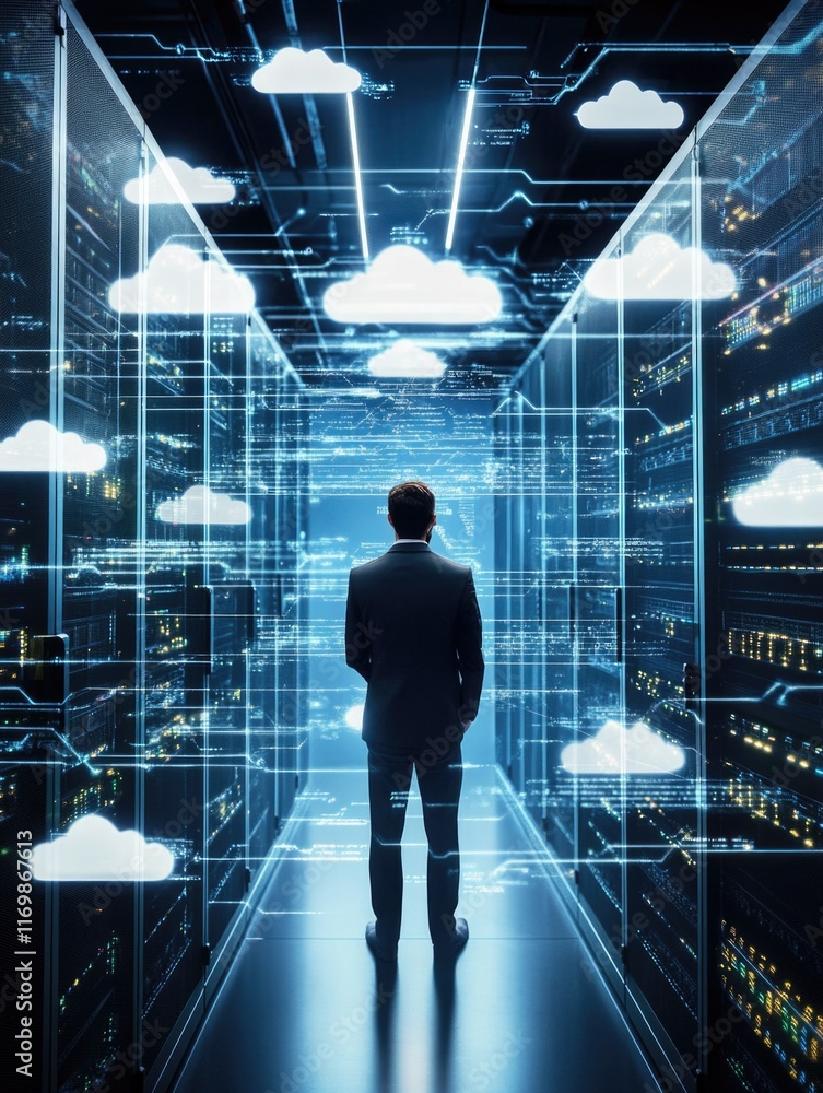 Aufkleber a man stands in a digital data center surrounded by floating clouds and futuristic technology.