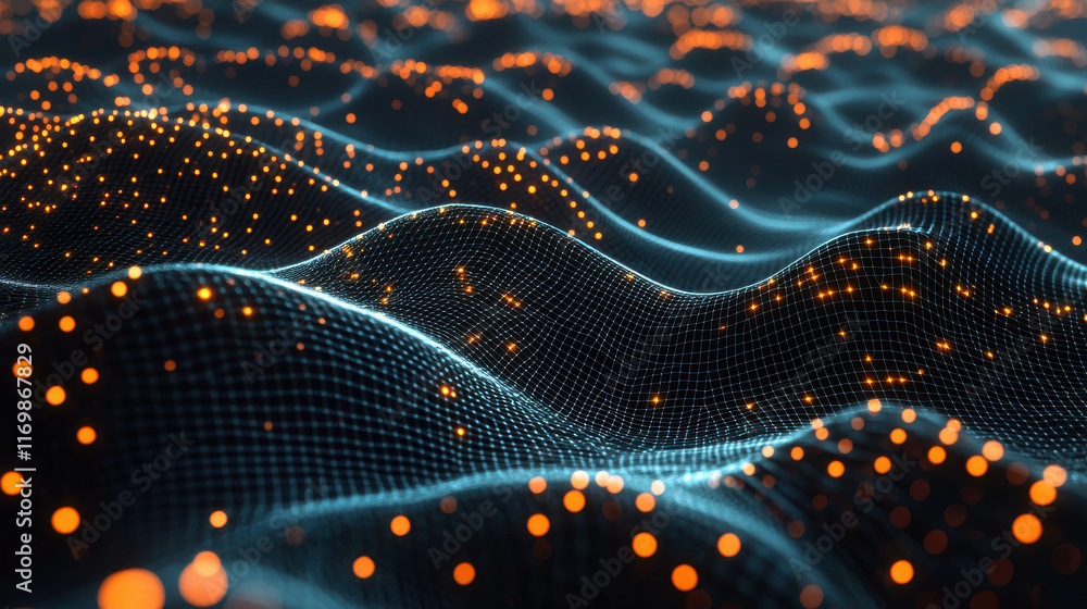 Poster high-tech 3d visualization of machine learning data with vibrant orange particles