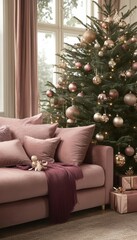 A cozy living room with a plush pink sofa and a beautifully decorated Christmas tree with gold and pink ornaments.