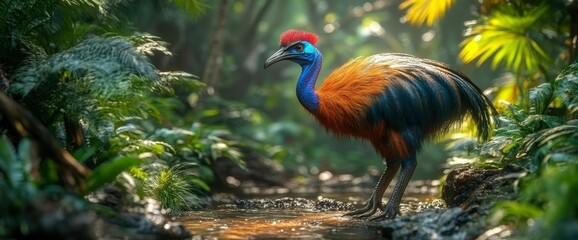 Fototapeta premium Vibrant Cassowary Bird in Lush Tropical Rainforest Setting