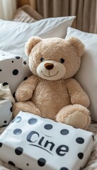 A plush teddy bear sits on a bed with white pillows and a gift wrapped in black and white polka dot paper.
