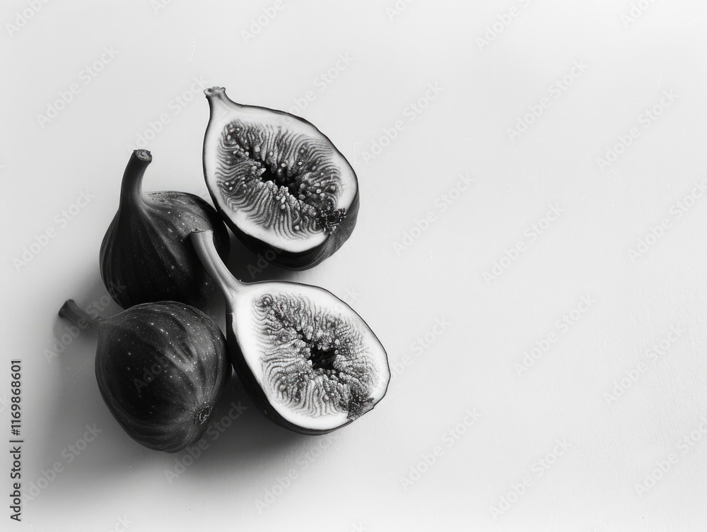 Poster close up of a bunch of black figs with one of them cut in half. the figs are arranged in a way that 