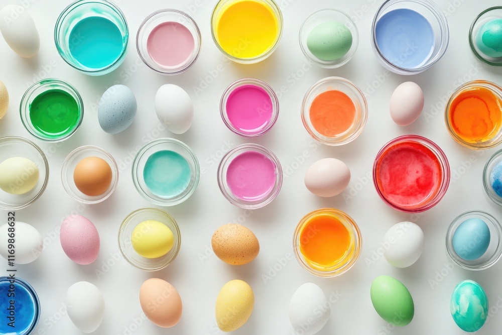 Poster colorful array of eggs and bowls of paint. the eggs are painted in various colors and sizes, and the
