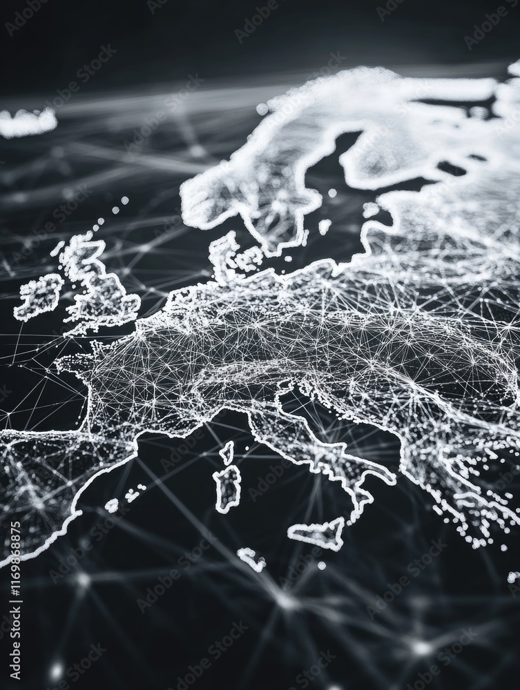 Aufkleber map of europe is shown in a black and white photo. the map is made up of many lines and dots, giving