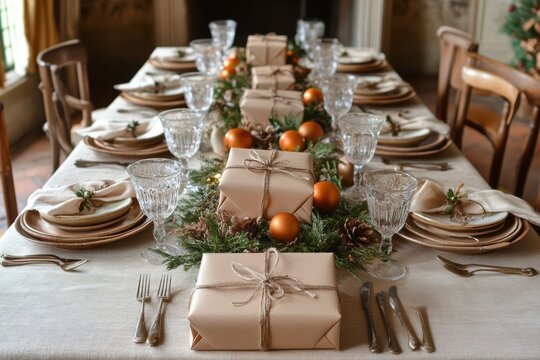A beautifully set table with a festive centerpiece of presents wrapped in brown paper and twine, surrounded by evergreen branches and golden baubles. - Powered by Adobe