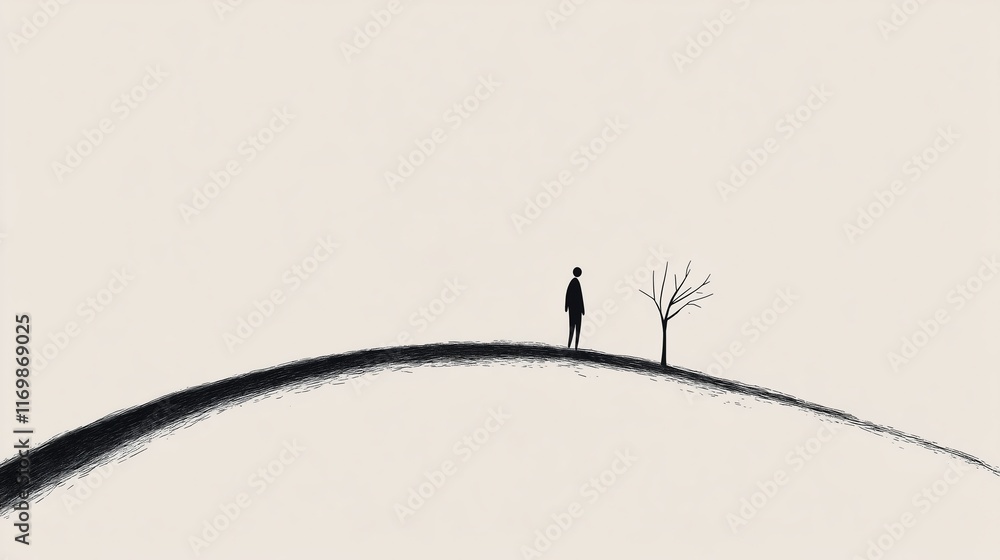 Poster minimalist illustration of a lone figure standing near a bare tree on a hill with a neutral backgrou