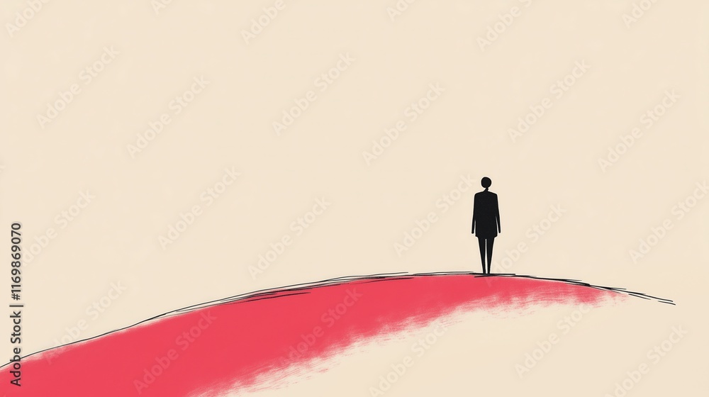 Poster minimalist line illustration of individual standing alone on a red curve with simple elegant design 