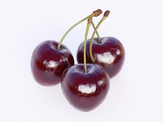 Three fresh, red cherries on a white surface.