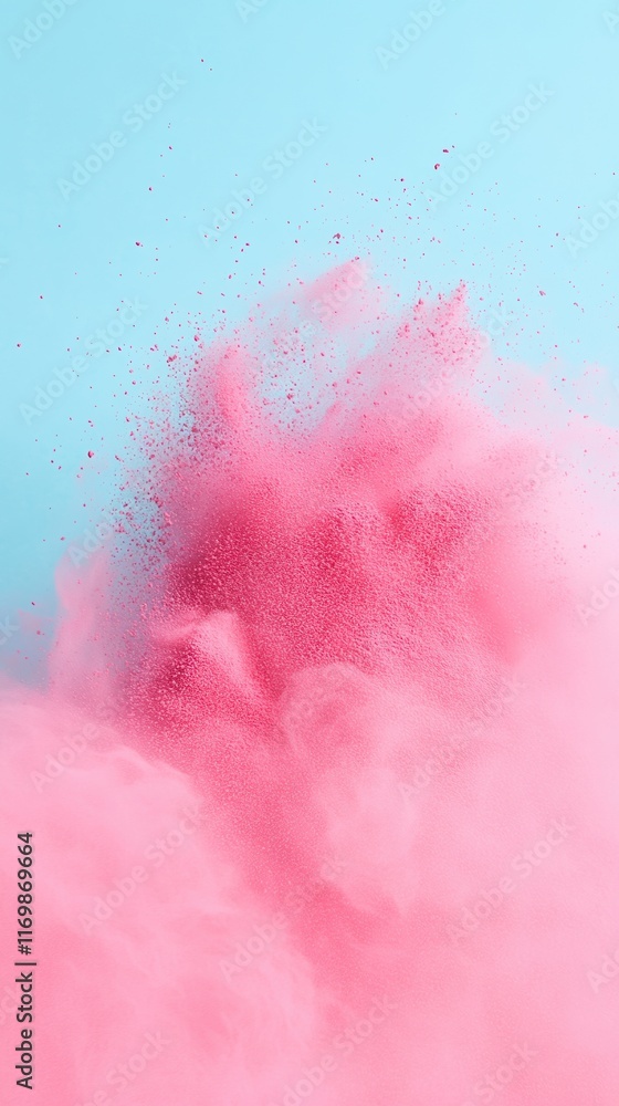 Poster explosive burst of pink powder against blue backdrop in super slow motion creating a dramatic visual