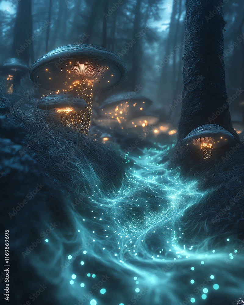 Poster a mystical forest path with glowing mushrooms and a stream of light.