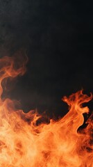 Dramatic Super Slow Motion of Fire Flames Isolated on Black Background Showing Intense Heat and Bright Orange Colors in Vertical Composition, Perfect for Creative Design or Cinematic Effect