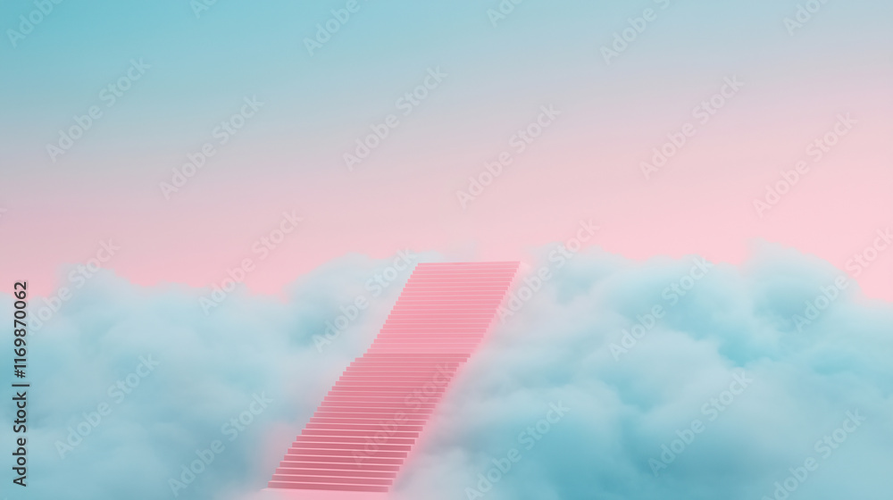 Poster surreal image of dreamlike staircase ascending into clouds under pastel sky including gradient backg