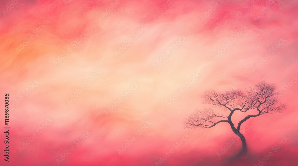 Poster surreal tree with branches flowing into colorful abstract sky creating dreamlike landscape with warm