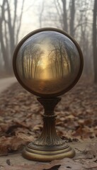 A foggy forest path captured through a glass orb, creating a whimsical and mysterious scene.