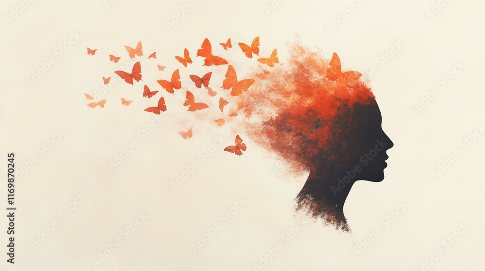 Poster surreal portrait of silhouette dissolving into vibrant butterflies representing transformation and f