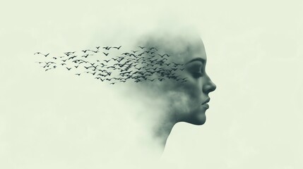 Surreal Portrait of a Woman's Face Dissolving into a Flock of Birds in a Dreamlike Atmosphere with a Soft Green Background and Ethereal Mood Depicting Transformation and Freedom in Nature
