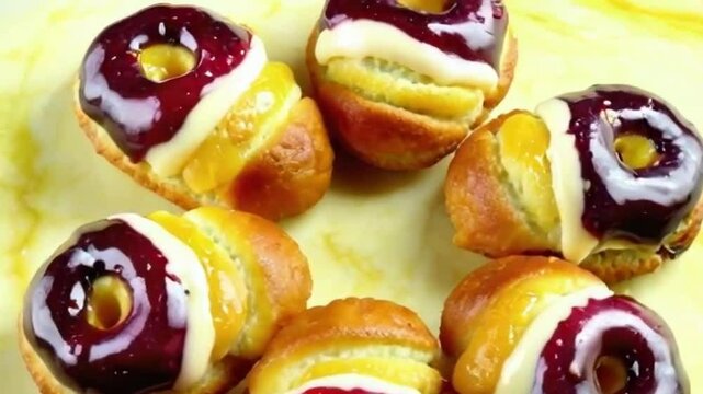 Berry zest cronuts with berry and citrus glazes in a radial arrangement, set against pale yellow marble with vibrant fresh colors