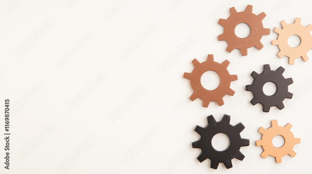 Poster interlocking gears in metallic finishes on light background for teamwork and innovation concepts in 