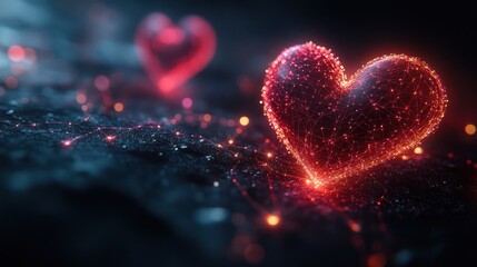 Fototapeta premium Glowing hearts on a dark, digital background.