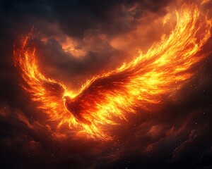 A phoenix bird, engulfed in flames, spreads its wings against a stormy sky.