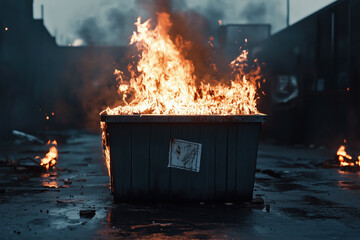 A large dumpster on fire in the evening where the fire is overflowing over the sides.