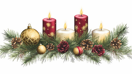 A festive holiday table centerpiece with pine branches, candles, and ornaments, seasonal decor, isolated on white background. Evergreen. Illustration