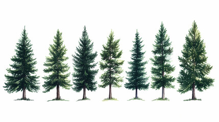 Obraz premium A digital illustration of a row of tall evergreen trees of varying heights. the trees are drawn in a realistic style and are set against a white background. Evergreen. Illustration