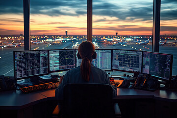 An air traffic controller sitting in a control tower looking at their computers with planes on the runway and sunset in the background.