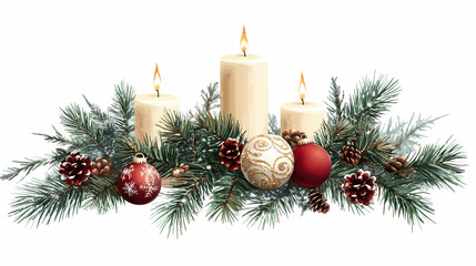 A festive holiday table centerpiece with pine branches, candles, and ornaments, seasonal decor, isolated on white background. Evergreen. Illustration