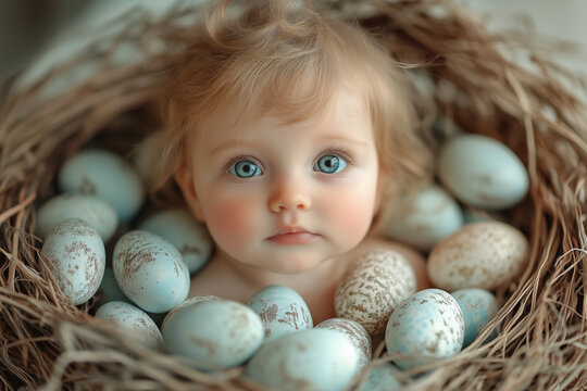 A baby portrait where they're surrounded by eggs celebrating Easter.