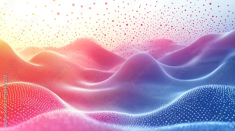 Poster abstract colorful landscape with flowing lines and particles.