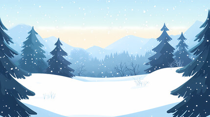 A serene winter wonderland with snow-covered trees and a soft snowfall. Evergreen. Illustration