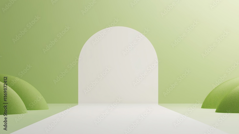 Poster minimalist futuristic background with white archway and green spheres for modern design and abstract