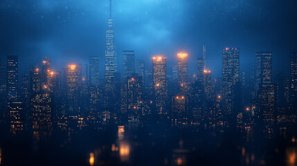 City at Night, Mysterious cityscape shrouded in fog, illuminated by glowing lights.