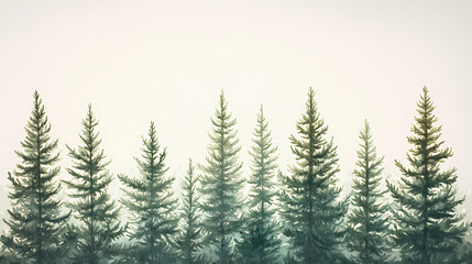 Obraz premium A watercolor painting of tall evergreen trees against a light background, depicting a serene forest scene. Evergreen. Illustration