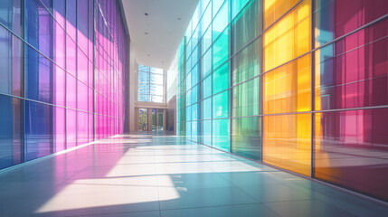 Cityscape with Glass Buildings and various mixed colors, Vibrant neon light hallway with colorful lighting, construction Building with Gradient Color and neon light effected glass.