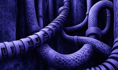 Abstract dark purple textured tubes, intricate network, complex design.