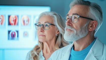 Obraz premium Senior couple in medical setting, observing health images with concern. man wears glasses and lab coat, while woman has long gray hair and glasses