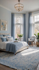 Fototapeta premium Luxurious pastel blue themed modern bedroom with bed blanket pillow large window plush rug and high end decorative accents