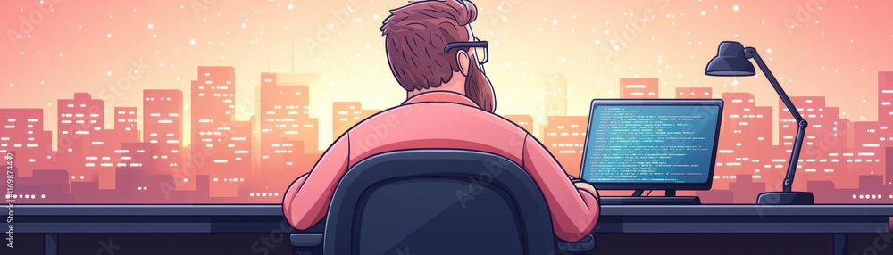 Poster software engineer coding at desk with glowing screen, city skyline in background, creating focused a