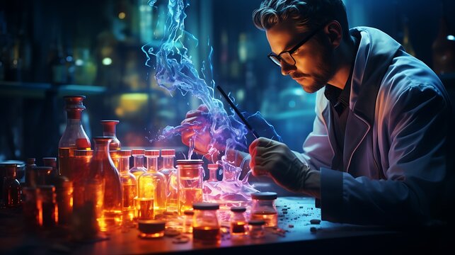 Experimenting with potions laboratory digital art science close-up