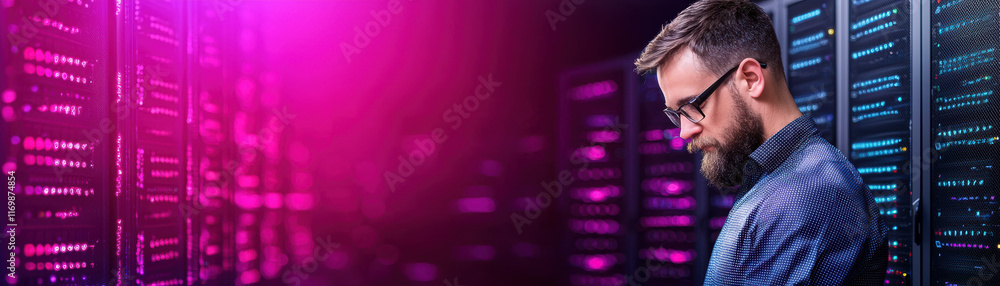 Poster focused it engineer working on servers in vibrant data center, surrounded by glowing technology. atm