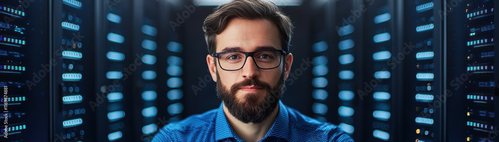 Poster focused it engineer working on servers in data center, surrounded by glowing technology. his experti